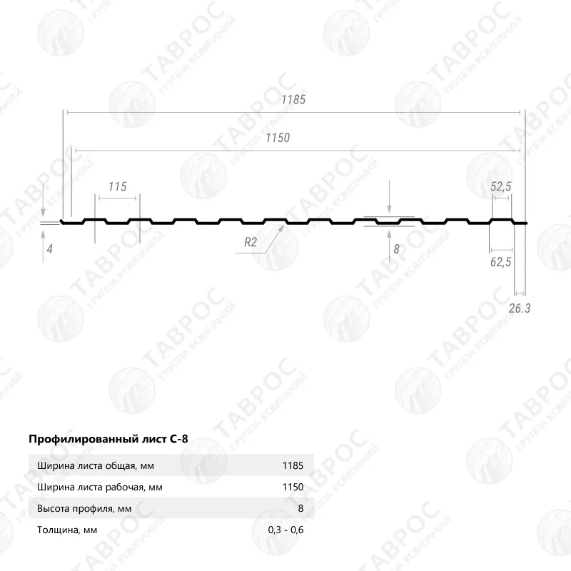 Профнастил С-8 Гладкий полиэстер RAL 6005 (Зелёный мох) 2500*1185*0,45 односторонний